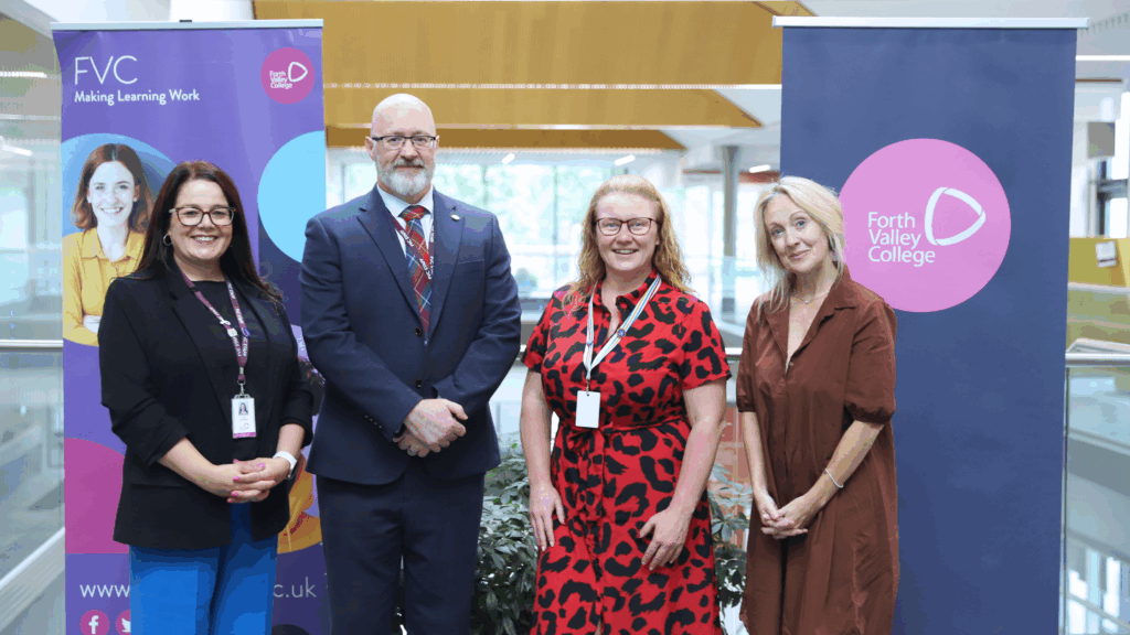 Image attached features (from left to right) Laura Geoghegan, Forth Valley College’s Student Support Manager, Kenny MacInnes, Forth Valley College Principal, Natalie Smith, MCR Pathways Head of Schools for the East of Scotland and Sharon McIntyre, MCR Pathways Chief Executive Officer.
