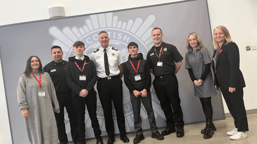 From left to right (main group picture) - Laura McKechnie (Senior Partnerships Manager - MCR Pathways), Craig Connelly, Ben, Andrew Watt (Deputy Chief Officer - Scottish Fire and Rescue Service), Oliver, Ryan Howie, Sharon McIntyre (CEO - MCR Pathways) and Fiona Ross (People Director-Scottish Fire and Rescue Service).